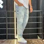 شلوار مام فیت جین مردانه زاپدار آبی یخی کد 3/545 - Image 2