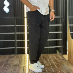 شلوار مام فیت جین مردانه زاپدار مشکی کد 3/1019