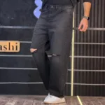 شلوار جین بگ دودی تیره زانو زاپ 4/561 - Image 4