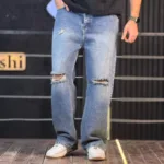 شلوار جین بگ آبی روشن زانو زاپ 4/365 - Image 3