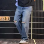 شلوار جین بگ آبی روشن زانو زاپ 4/365