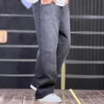 شلوار جین بگ ساده دودی تیره شست سفید 4/562