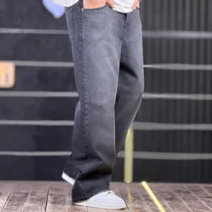 شلوار جین بگ ساده دودی تیره شست سفید 4/562