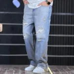 شلوار جین بگ زاپ دار دوختی آبی روشن تینت یخی 4/327