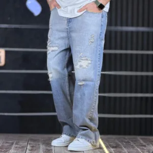 شلوار جین بگ زاپ دار دوختی آبی روشن تینت یخی 4/327