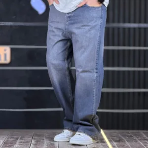 شلوار جین بگ ساده آبی تیره تینت سفید 4/394