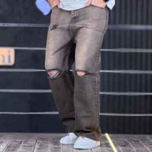 شلوار جین بگ قهوه ای تینت دار زانو زاپ 4/355