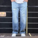 شلوار جین بگ زاپ دار دوختی آبی یخی تینت سفید 4/491 - Image 2