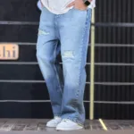 شلوار جین بگ زاپ دار دوختی آبی یخی تینت سفید 4/491 - Image 3