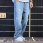 شلوار جین بگ زاپ دار دوختی آبی یخی تینت سفید 4/491