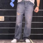 شلوار جین بگ زخمی آبی تیره تینت قهوه ای 4/396 - Image 2