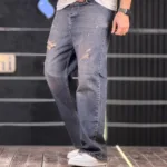 شلوار جین بگ زخمی آبی تیره تینت قهوه ای 4/396