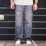 شلوار جین بگ زخمی آبی تیره تینت قهوه ای 4/396 - Image 3