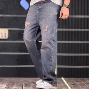 شلوار جین بگ زخمی آبی تیره تینت قهوه ای 4/396