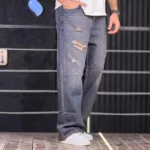 شلوار جین بگ زخمی آبی تیره تینت قهوه ای 4/396 - Image 4